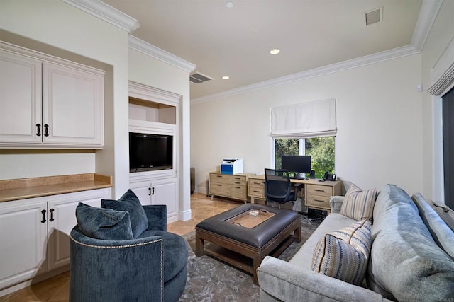 18320 Colina Fuerte, Rancho Santa Fe, CA 92067 - living room featuring ornamental molding, light tile patterned floors, a desk, and recessed lighting