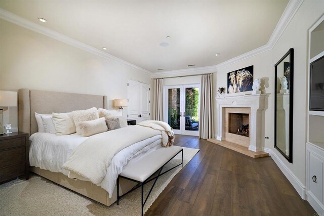 18320 Colina Fuerte, Rancho Santa Fe, CA 92067 - bedroom with access to outside, ornamental molding, french doors, wood finished floors, and a fireplace with raised hearth