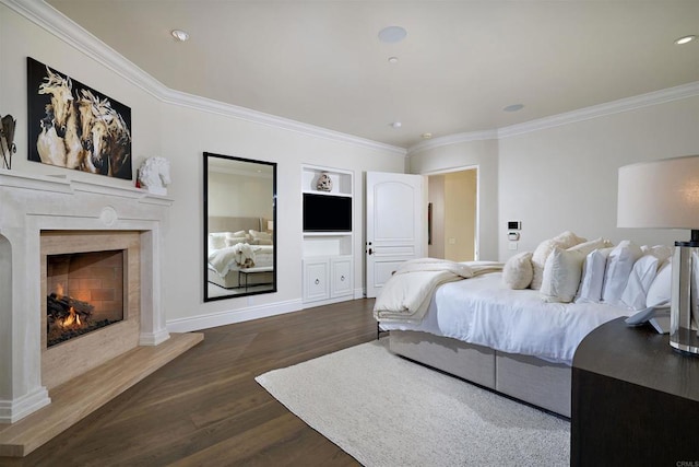 18320 Colina Fuerte, Rancho Santa Fe, CA 92067 - bedroom featuring crown molding, dark wood finished floors, a fireplace, baseboards, and recessed lighting