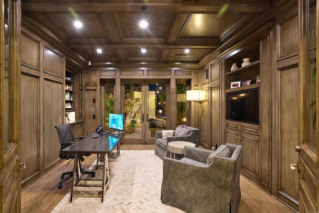 18320 Colina Fuerte, Rancho Santa Fe, CA 92067 - home office featuring french doors, wood walls, wood ceiling, ornamental molding, and coffered ceiling