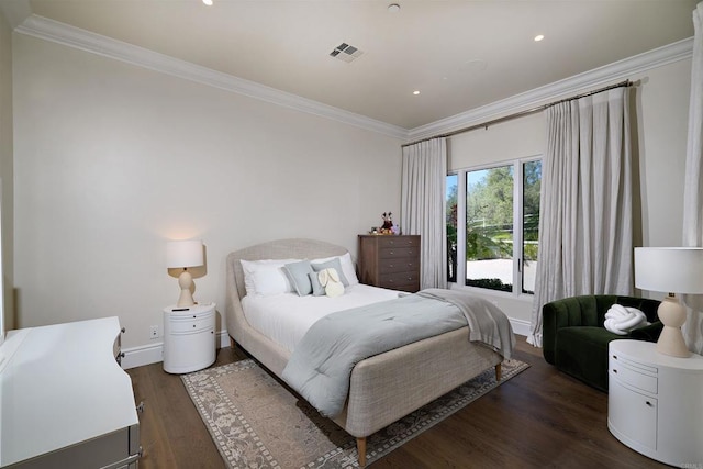 18320 Colina Fuerte, Rancho Santa Fe, CA 92067 - bedroom with crown molding, dark wood-style flooring, baseboards, and recessed lighting