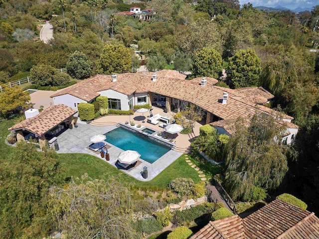 18320 Colina Fuerte, Rancho Santa Fe, CA 92067 - outdoor pool with fence, a patio area, and a view of trees