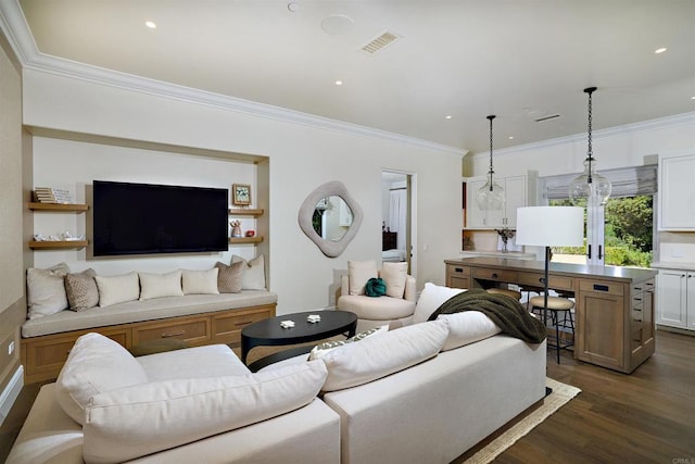 18320 Colina Fuerte, Rancho Santa Fe, CA 92067 - living room with ornamental molding, dark wood-style floors, and recessed lighting