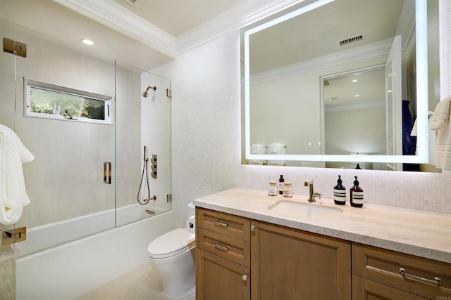18320 Colina Fuerte, Rancho Santa Fe, CA 92067 - bathroom with ornamental molding, toilet, vanity, shower / bathtub combination, and decorative backsplash