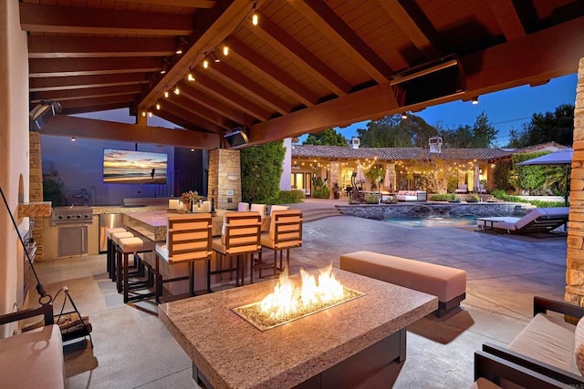 18320 Colina Fuerte, Rancho Santa Fe, CA 92067 - view of patio / terrace featuring a fire pit, exterior kitchen, an outdoor pool, and grilling area