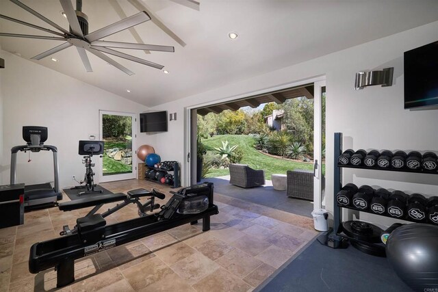 18320 Colina Fuerte, Rancho Santa Fe, CA 92067 - workout room featuring lofted ceiling, recessed lighting, stone tile flooring, and ceiling fan