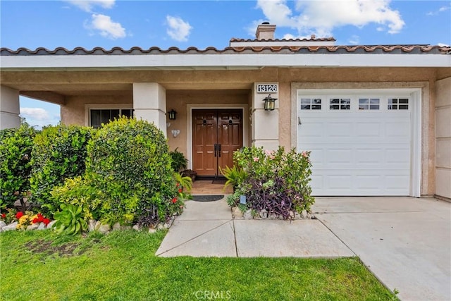 13126 Glandt Ct, Corona, CA 92883 - entrance to property with an attached garage, driveway, a chimney, and stucco siding