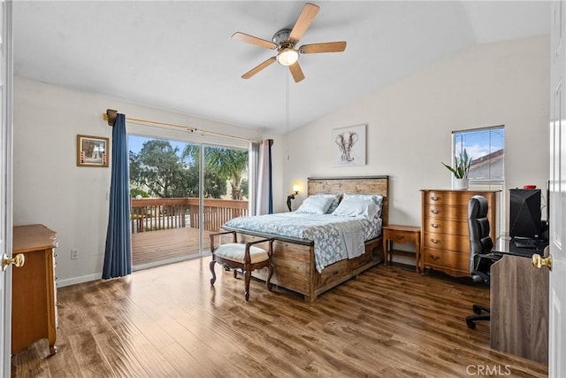 13126 Glandt Ct, Corona, CA 92883 - bedroom with access to outside, ceiling fan, wood finished floors, lofted ceiling, and baseboards