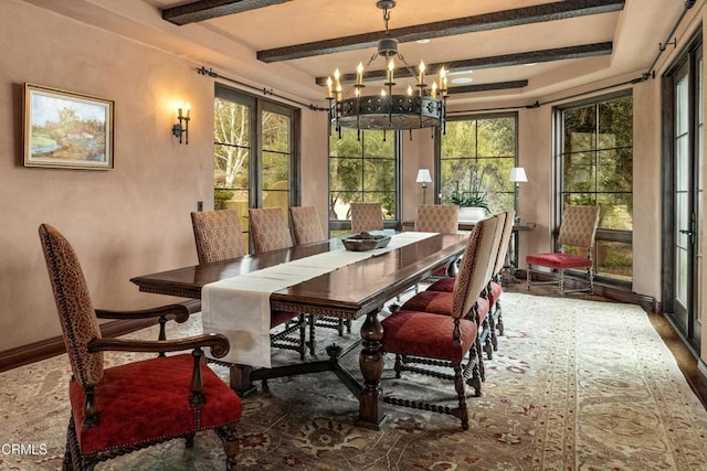 561 Saddle Ln, Ojai, CA 93023 - dining room with a chandelier, beam ceiling, and wood finished floors