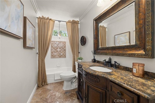 bathroom featuring crown molding, toilet, shower / bathtub combination with curtain, and vanity