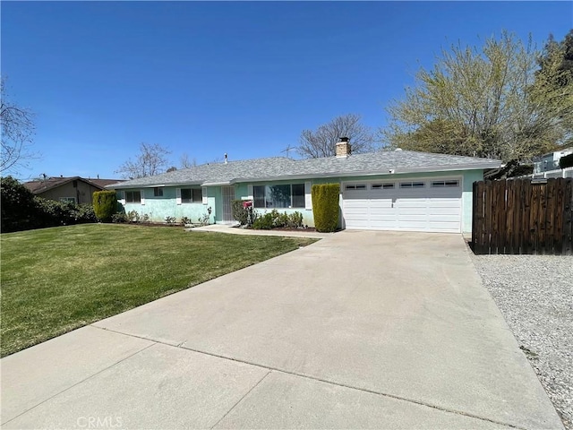 ranch-style house featuring a chimney, driveway, a front lawn, a garage, and fence