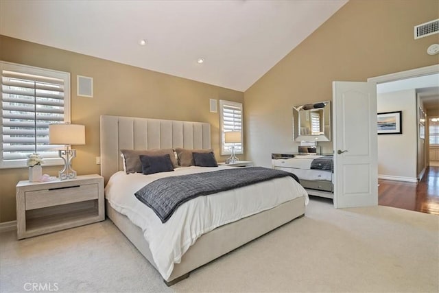 4 Bastia, Laguna Niguel, CA 92677 - bedroom with light colored carpet, visible vents, high vaulted ceiling, and baseboards