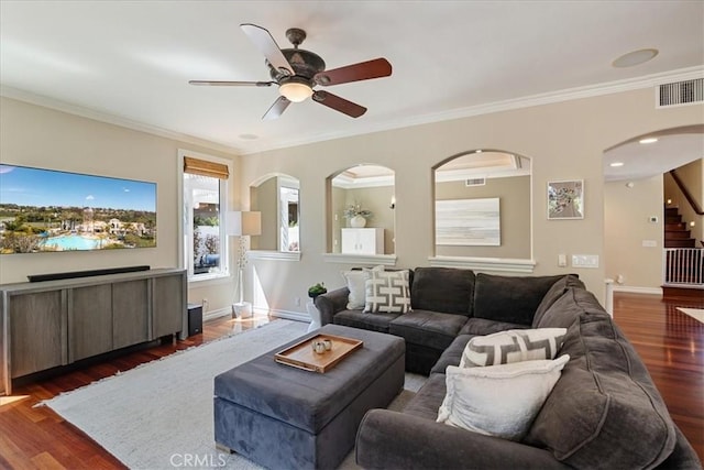 4 Bastia, Laguna Niguel, CA 92677 - living room with wood finished floors, visible vents, a ceiling fan, and stairs