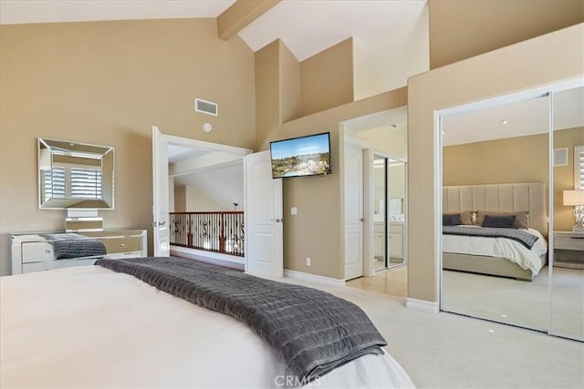 4 Bastia, Laguna Niguel, CA 92677 - bedroom with carpet flooring, beam ceiling, high vaulted ceiling, visible vents, and baseboards