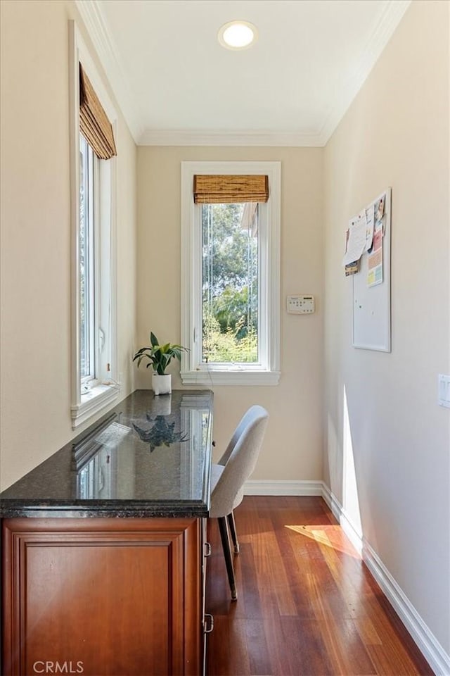 4 Bastia, Laguna Niguel, CA 92677 - home office featuring ornamental molding, baseboards, and dark wood finished floors