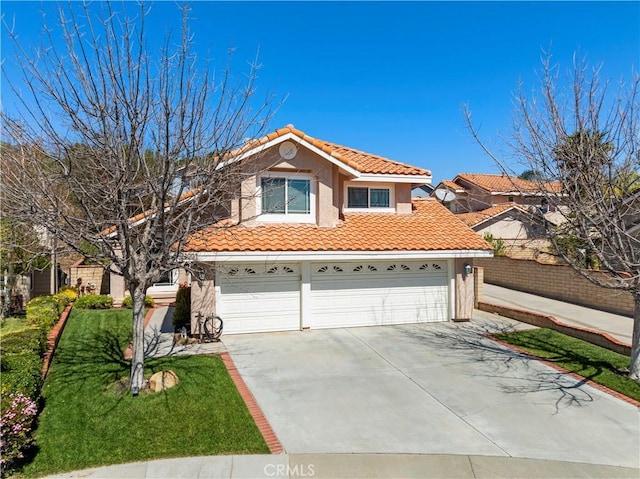 22004 Pamplico Dr, Saugus, CA 91350 - mediterranean / spanish-style house with a tiled roof, a garage, stucco siding, a front lawn, and concrete driveway