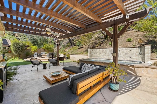 22004 Pamplico Dr, Saugus, CA 91350 - view of patio / terrace featuring a jacuzzi, fence, and an outdoor hangout area
