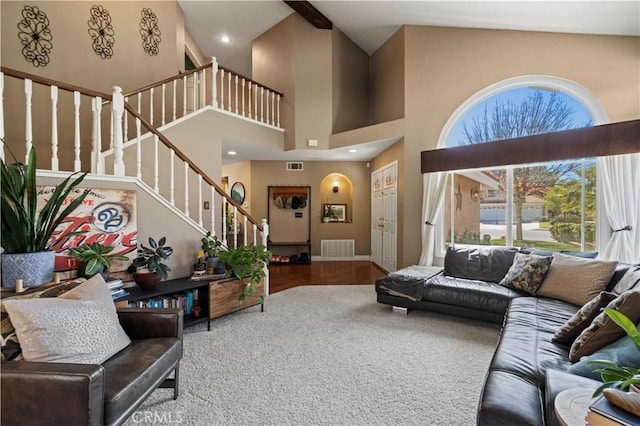 22004 Pamplico Dr, Saugus, CA 91350 - living room with visible vents, baseboards, stairway, and wood finished floors