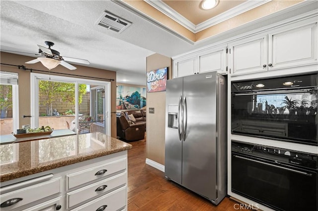 22004 Pamplico Dr, Saugus, CA 91350 - kitchen with white cabinetry, a ceiling fan, visible vents, stone countertops, and stainless steel refrigerator with ice dispenser