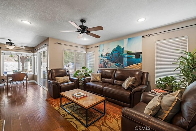 22004 Pamplico Dr, Saugus, CA 91350 - living area with baseboards, recessed lighting, a textured ceiling, a ceiling fan, and wood finished floors