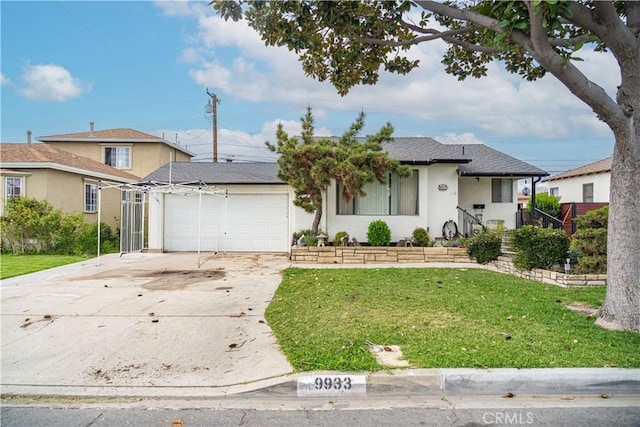 9933 Alesia St, South El Monte, CA 91733 - ranch-style house with driveway, a garage, a shingled roof, a front yard, and stucco siding