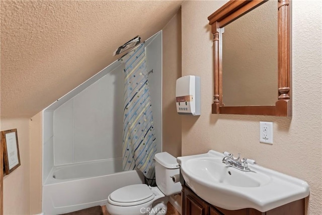2745 Deer Creek Dr, Running Springs, CA 92382 - bathroom featuring a textured ceiling, vanity, shower / bath combo, and a textured wall
