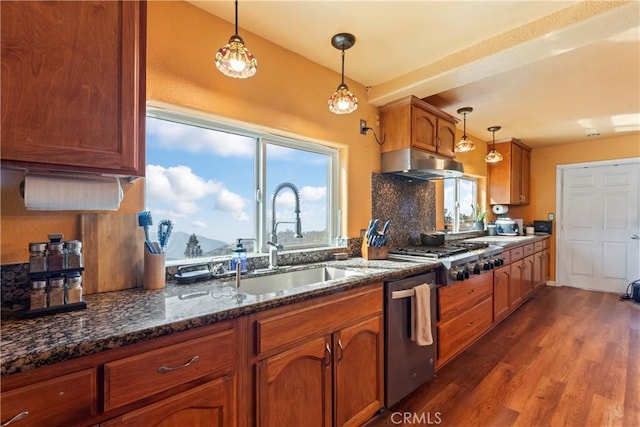 2745 Deer Creek Dr, Running Springs, CA 92382 - kitchen with range hood, appliances with stainless steel finishes, dark wood-style floors, hanging light fixtures, and brown cabinets