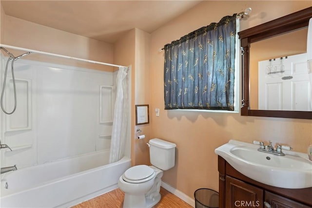 2745 Deer Creek Dr, Running Springs, CA 92382 - bathroom with vanity, shower / bathtub combination with curtain, and wood finished floors