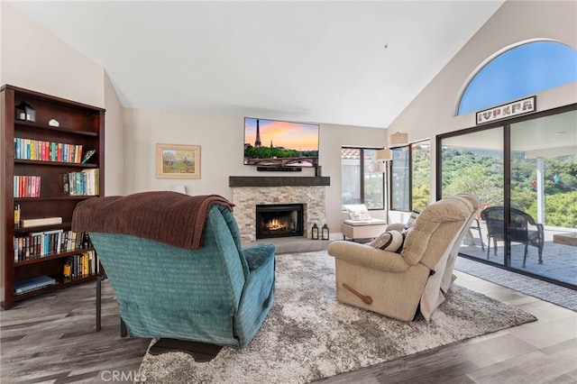 living room with high vaulted ceiling, plenty of natural light, wood finished floors, and a stone fireplace