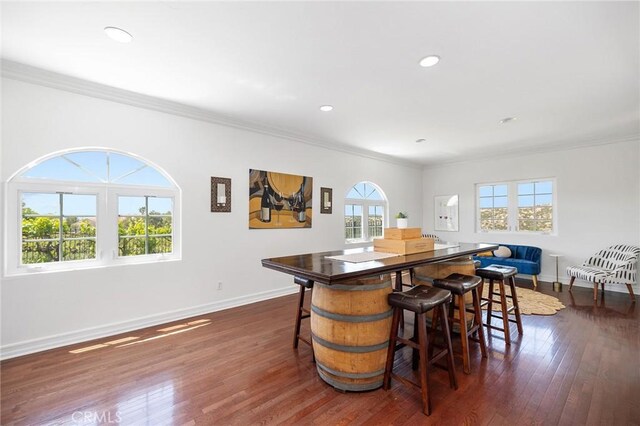 bar featuring baseboards, ornamental molding, and dark wood-type flooring