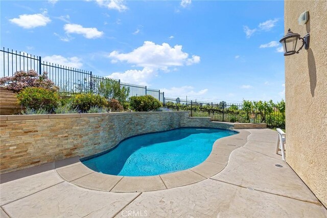 view of swimming pool featuring a fenced backyard, a fenced in pool, and a patio area