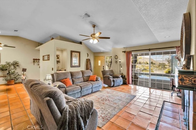 10341 Pinon Ave, Morongo Valley, CA 92256 - living room featuring ceiling fan, tile patterned floors, and lofted ceiling