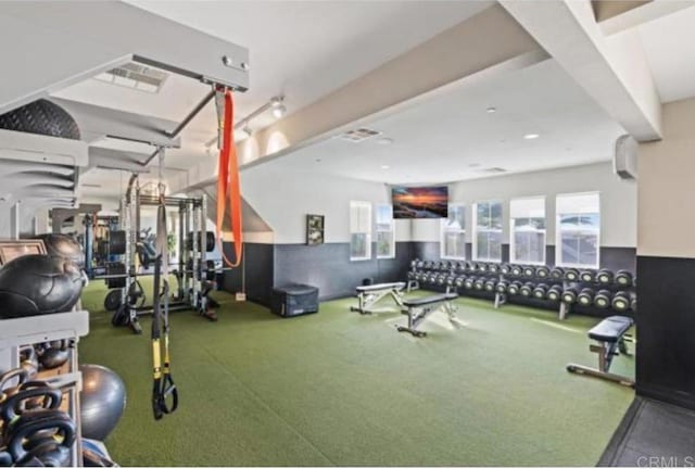 workout area with carpet flooring and visible vents