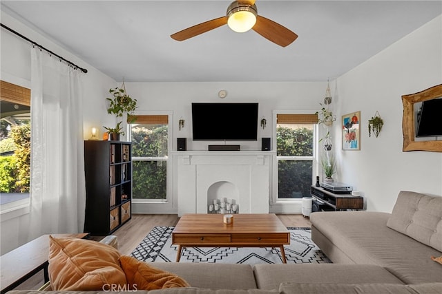 living area with light wood-type flooring, ceiling fan, a fireplace, and a wealth of natural light