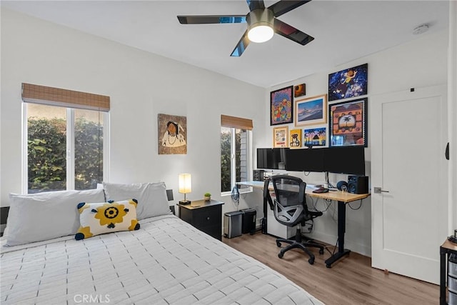 bedroom featuring ceiling fan, multiple windows, and wood finished floors