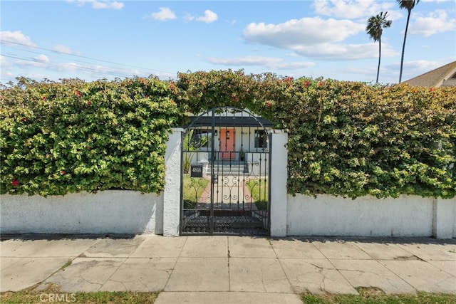 view of gate with a fenced front yard