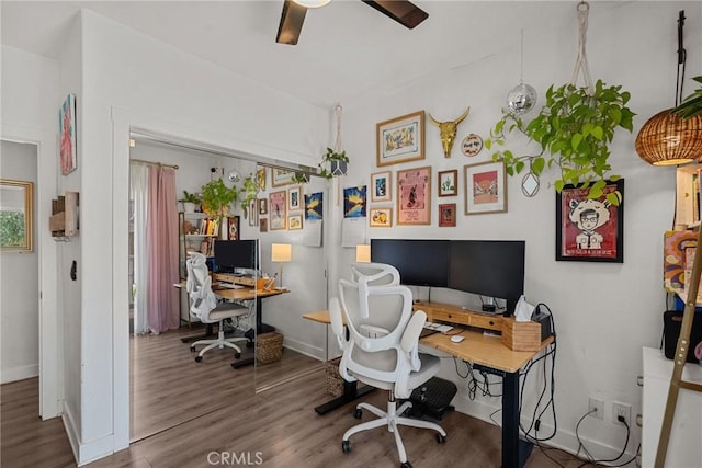 office area featuring ceiling fan, wood finished floors, and baseboards