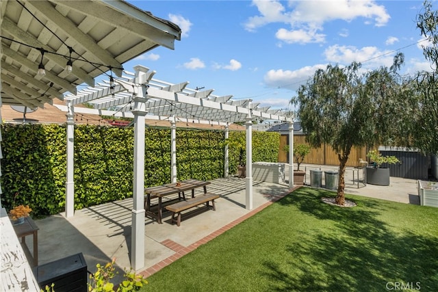 view of home's community with a patio, a pergola, fence, and a lawn