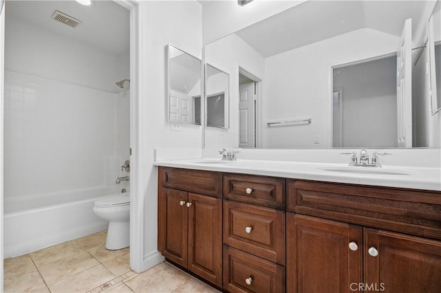 bathroom with visible vents, toilet, a sink, tile patterned floors, and double vanity