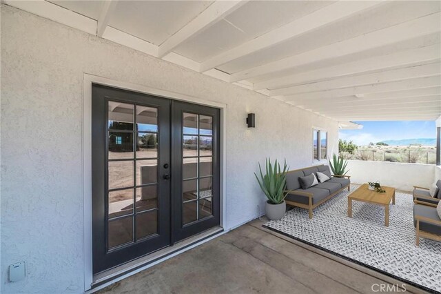 15029 Larch St, Hesperia, CA 92345 - exterior space featuring a patio, french doors, stucco siding, and outdoor lounge area