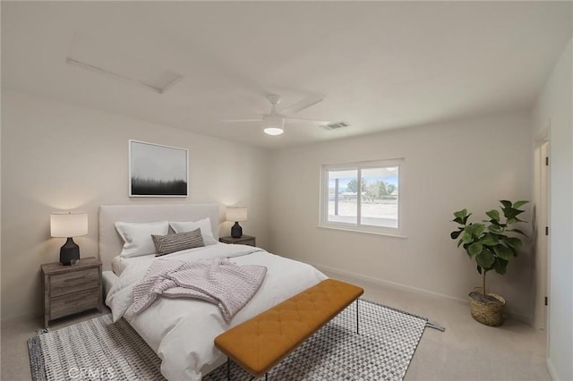 15029 Larch St, Hesperia, CA 92345 - bedroom featuring a ceiling fan, visible vents, carpet floors, attic access, and baseboards