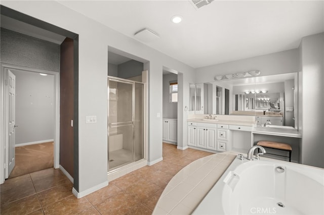 16219 Skyridge Dr, Riverside, CA 92503 - full bath with a shower stall, double vanity, tile patterned floors, and baseboards