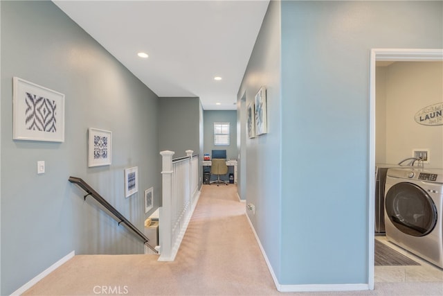 hall with recessed lighting, carpet, an upstairs landing, washer / dryer, and baseboards