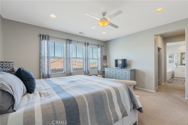 bedroom featuring ceiling fan, light colored carpet, baseboards, visible vents, and recessed lighting