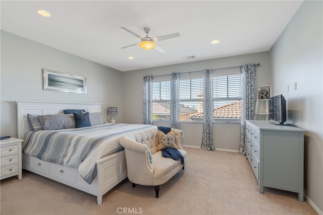 bedroom featuring ceiling fan, light carpet, baseboards, visible vents, and recessed lighting