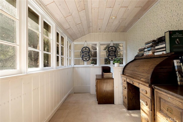 229 Maple Dr, Lake Arrowhead, CA 92352 - office space with lofted ceiling, light carpet, and wooden ceiling