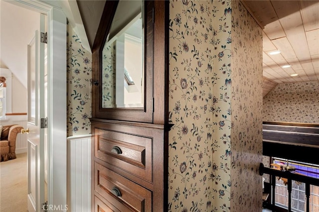 229 Maple Dr, Lake Arrowhead, CA 92352 - bathroom featuring wallpapered walls, wainscoting, and wood ceiling