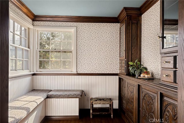 229 Maple Dr, Lake Arrowhead, CA 92352 - living area with wallpapered walls, crown molding, and dark wood finished floors