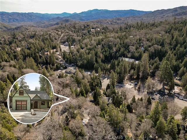 229 Maple Dr, Lake Arrowhead, CA 92352 - view from above of property featuring a forest, a mountain backdrop, and property parcel outlined