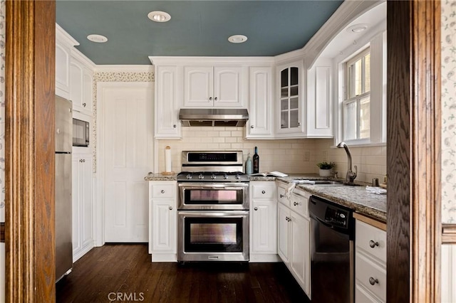 229 Maple Dr, Lake Arrowhead, CA 92352 - kitchen featuring appliances with stainless steel finishes, under cabinet range hood, a sink, dark wood-style flooring, and light stone countertops